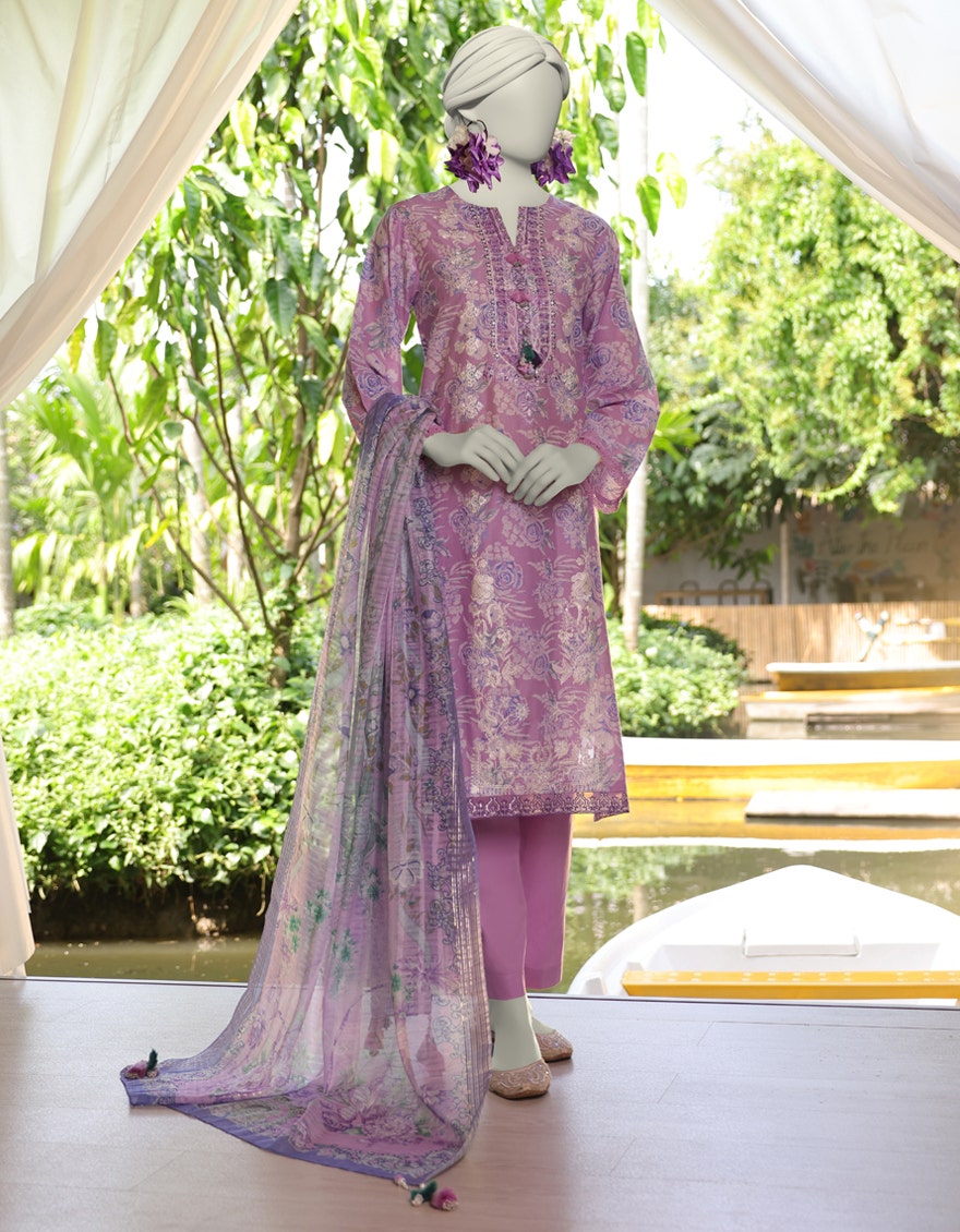 3PC-JLAWN-S-25-3074 Pink Jacquard Embroidered Junaid Jamshaid Brand Original Fabrics