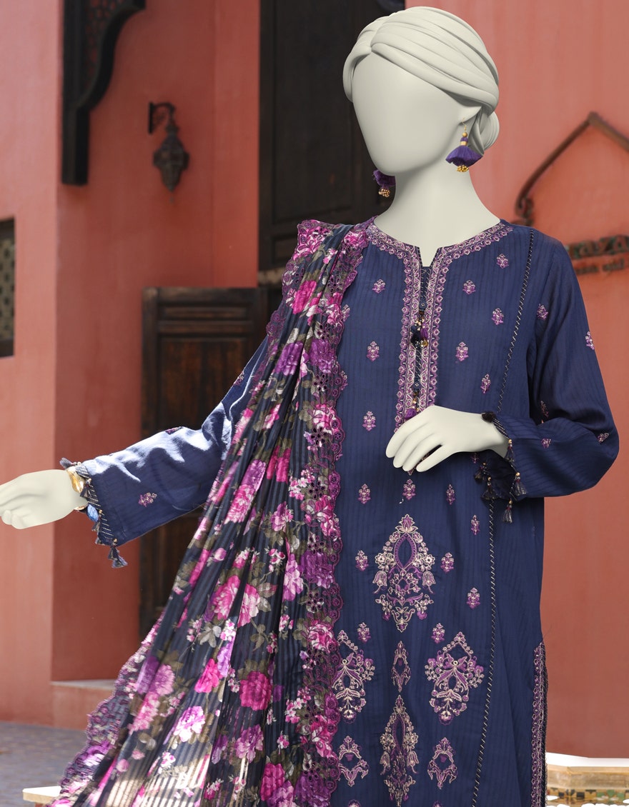 3PC-JLAWN-S-25-3164 Blue Jacquard Embroidered Junaid Jamshaid Brand Original Fabrics