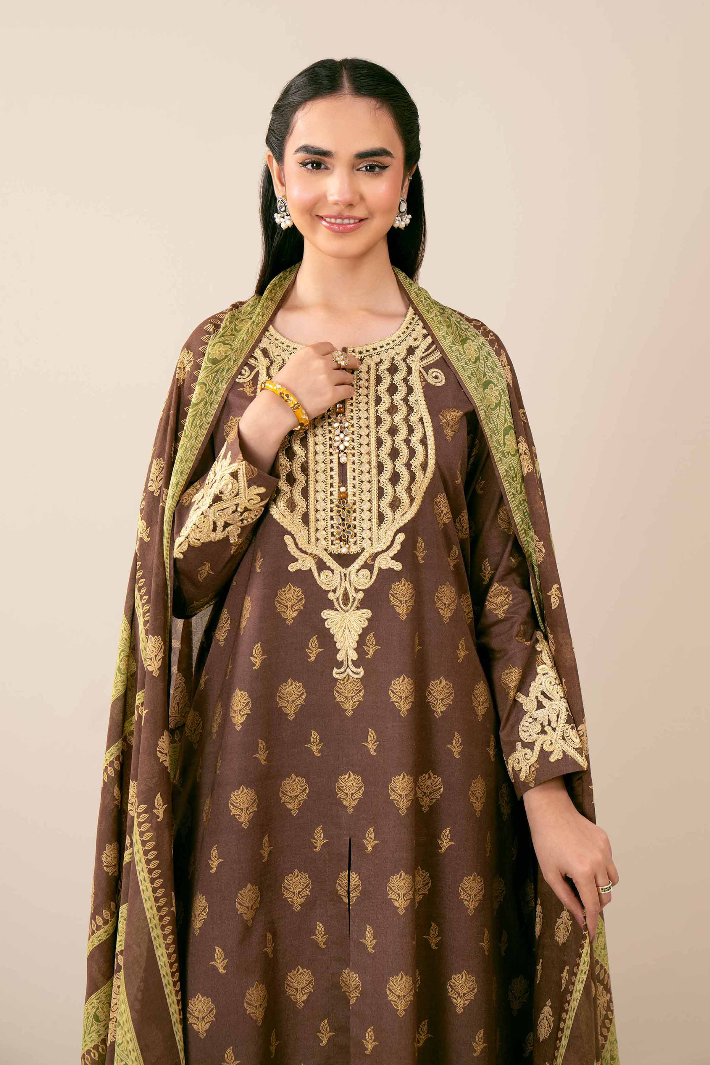 Nishat Linen 3 Piece - Gold Printed Embroidered Suit - 42401860 Online Shopping