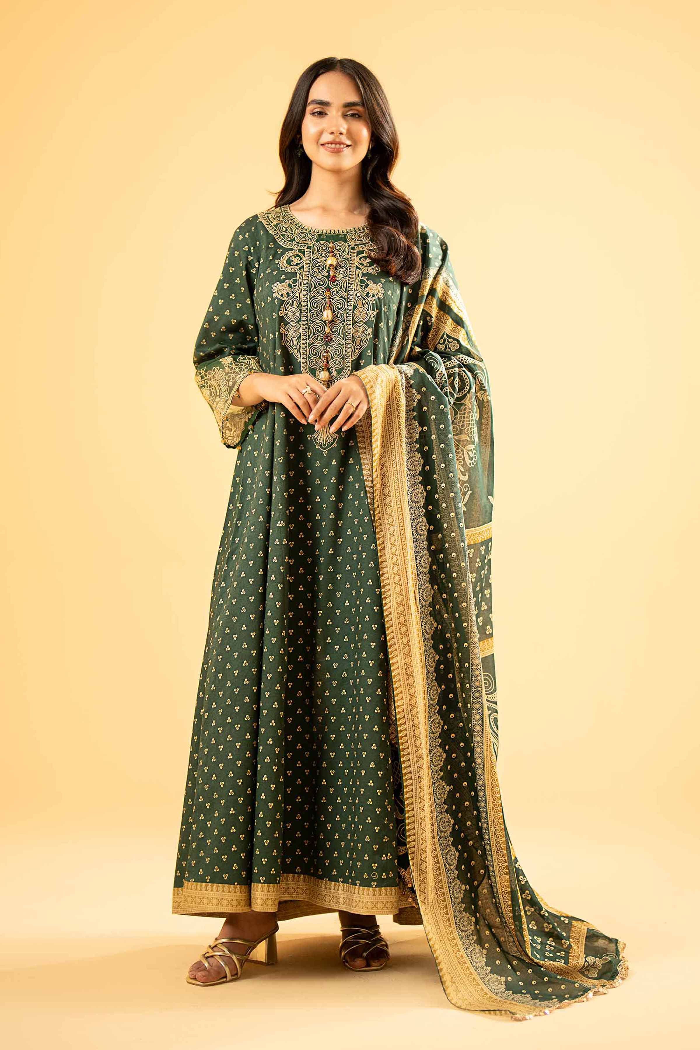 Nishat Linen 3 Piece - Gold Printed Embroidered Suit - 42401865 Online Shopping
