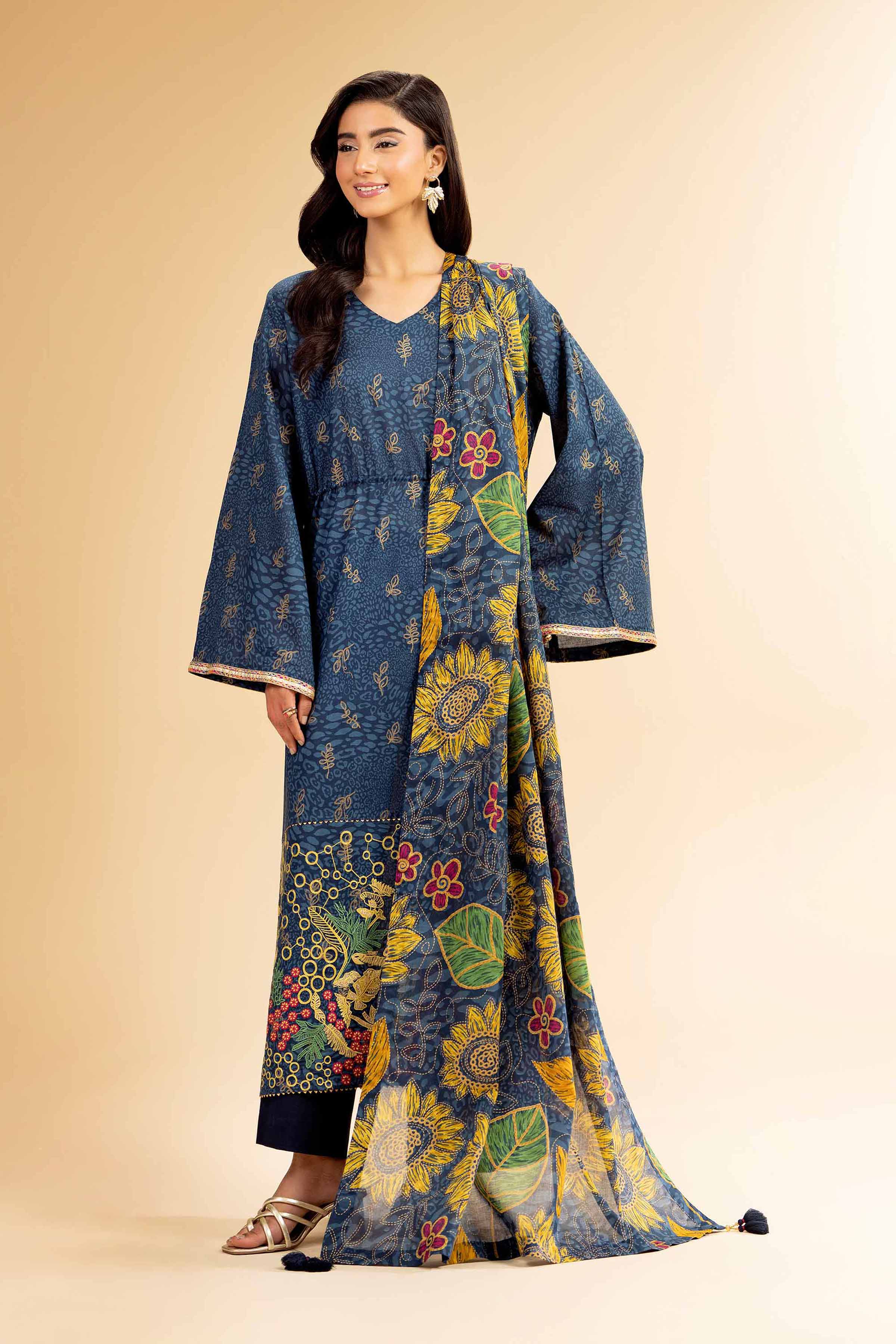 Nishat Linen 3 Piece - Gold Printed Embroidered Suit - 42501419 Online Shopping