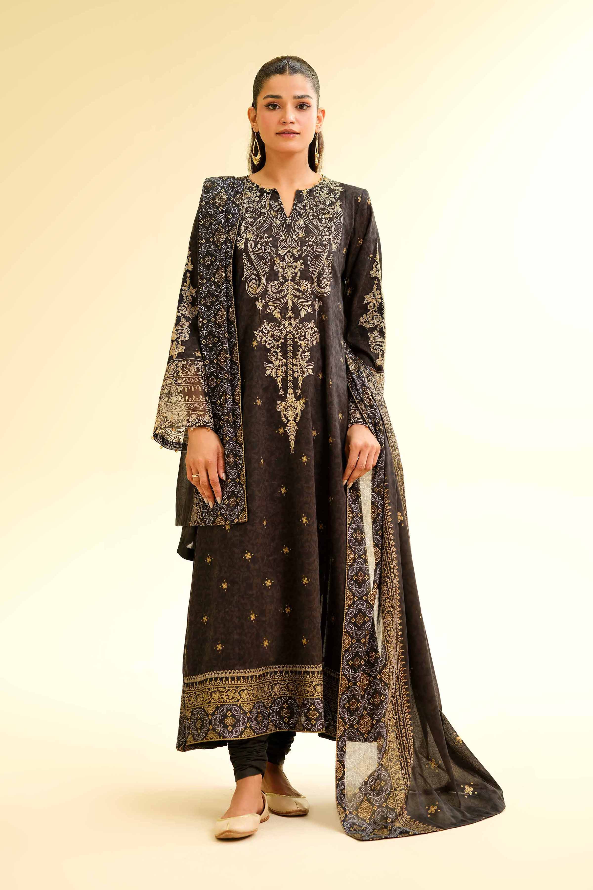 Nishat Linen 3 Piece - Gold Printed Embroidered Suit - 42501423 Online Shopping