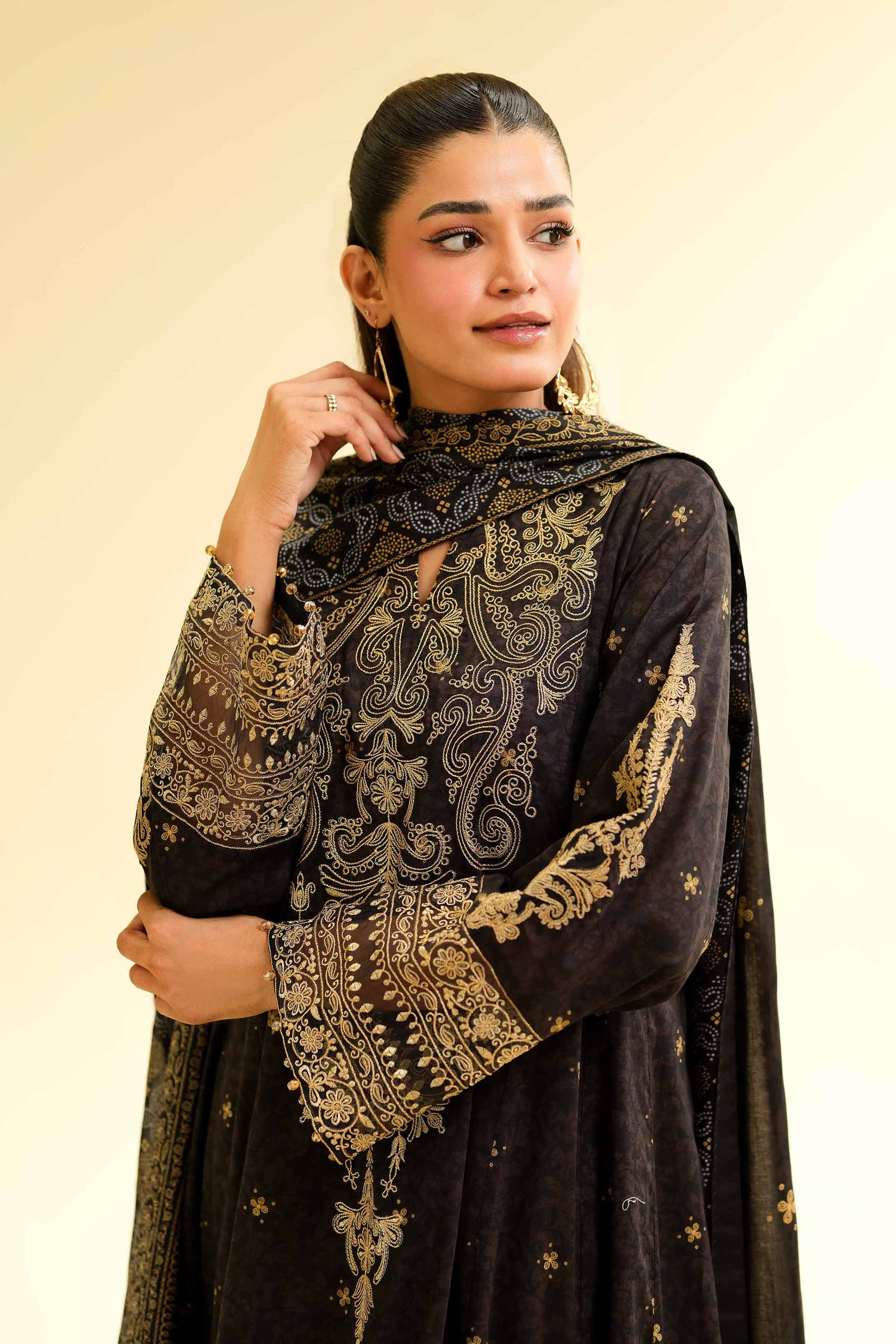 Nishat Linen 3 Piece - Gold Printed Embroidered Suit - 42501423 Online Shopping