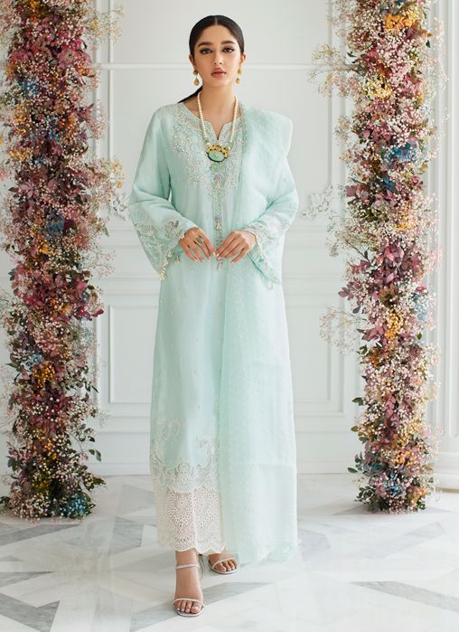 Farah Talib Aziz Aqua Alayna Silk Shirt And Dupatta Eid Pret 2021