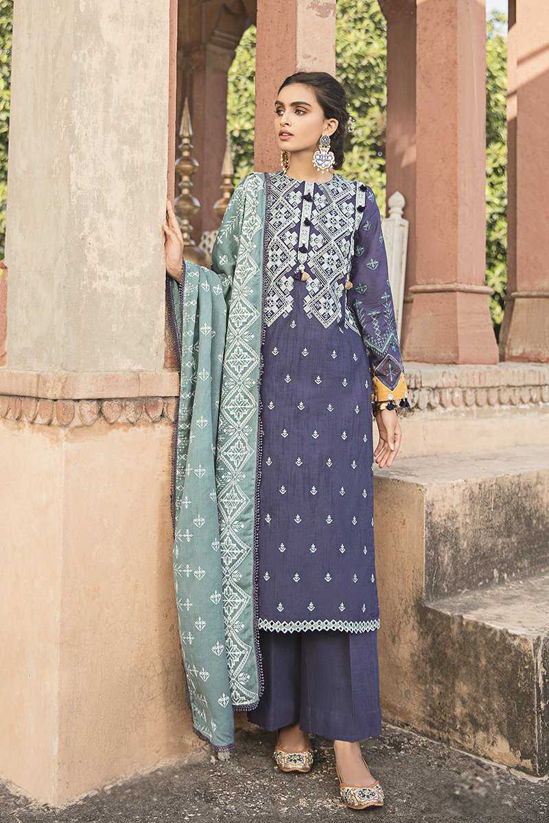 Cross Stitch Medieval Blue - 3 Piece Dastaab Khaddar Linen V2 2021