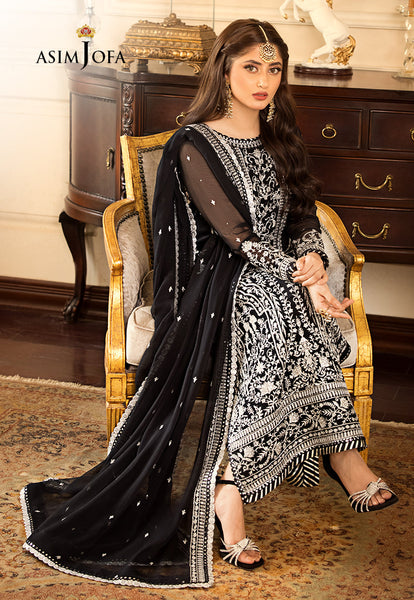 beaded black prom dress Pakistani Fancy Dresses Asim Jofa Mysorie Chiffon Collection 2018-19