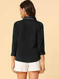 Women's Contrast Collar 3/4 Sleeve Button Up Workwear Tie Neck Shirt | Original Brand