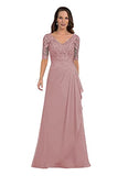Women's V-Neck Lace Appliques Mother of The Bride Dress Half Sleeve Formal Evening Gown Long Chiffon