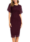 Women's Elegant Floral Lace Round Neck Short Sleeves Cocktail Party Bodycon Midi Dress 931