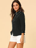 Women's Contrast Collar 3/4 Sleeve Button Up Workwear Tie Neck Shirt | Original Brand