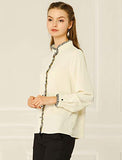 Women's Chiffon Button Down Shirt Blouse Work Stand Collar Ruffle Neck Long Sleeve Top | Original Brand