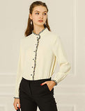 Women's Chiffon Button Down Shirt Blouse Work Stand Collar Ruffle Neck Long Sleeve Top | Original Brand