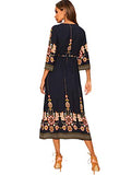 Women's Floral Print Deep V Neck 4-Mar Sleeve A-Line Bohemian Tribal Boho Midi Dress