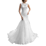 WANSHAQIN Women’s A-line Lace Applique Sleeveless Chapel Wedding Dress Long Bridal Gown Prom Dress Open Back
