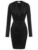 Women Retro Long Sleeve Ruched Wrap Party Pencil Dress