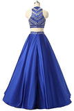 Women's Two Pieces Beaded Evening Gowns Satin Sequined Prom Dresses Long