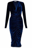 Womens Crushed Ruched Velvet Cowl Neck Midi Dress Ladies Long Sleeve Midi Dress S / 3XL