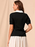 Women's Contrast Collar Tie Ruffle Front Button Short Sleeve Work Shirt | Original Brand