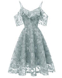 Women Ruffle Cold Shoulder Floral Lace Midi Dress Frill Details Shimmer Bridesmaid Floral Crochet Lace Dress