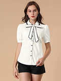 Women's Peter Pan Collar Puff Short Sleeve Tie Neck Work Tops | Original Brand