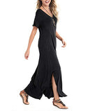 Women's Summer Maxi Dress Short Sleeve V Neck Casual Loose Long Beach Split Dresses with Pockets