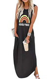 Ykomow Spring Summer Good Vibes Rainbow Maxi Dress Womens Sleeveless Graphic Beach T Shirt Dresses