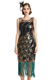 1920s Vintage Peacock Sequin Fringed Party Sleeveless Flapper Dress with Scoop Neck