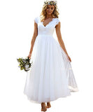 LastBridal Women Lace Cap Sleeves Bridal Gowns Tea Length Short Beach Wedding Dresses for Bride WD0034