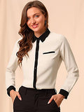 Women's Contrast Collar Shirt Chiffon Long Sleeve Work Office Blouse | Original Brand