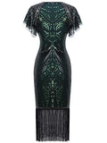 FAIRY COUPLE 1920s Knee Length Flapper Party Cocktail Dress with Sequined Cap Sleeve Layer Tassels Hem