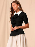 Women's Contrast Collar Tie Ruffle Front Button Short Sleeve Work Shirt | Original Brand