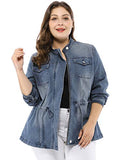 Agnes Orinda Women's Plus Size Stand Collar Zip Closure Drawstring Denim Jacket