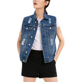Flygo Womens Casual Plus Size Buttoned Distressed Washed Denim Vest Sleeveless Jean Jacket W Chest Flap Pockets