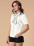 Women's Peter Pan Collar Puff Short Sleeve Tie Neck Work Tops | Original Brand