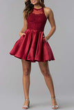 Woman's Short Homecoming Dresses for Juniors Lace Halter Neckline with Pockets