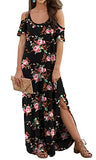 Women's Summer Casual Loose Long Dress Strapless Strap Cold Shoulder Short Sleeve Split Maxi Dresses with Pocket