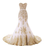 Lemai Mermaid Long Tulle Gold Lace Corset Sweetheart Wedding Dresses With Sash