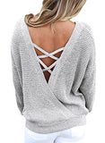 Asvivid Criss Cross V Back Sweaters for Women Long Sleeve Crewneck Knitted Pullover Casual Loose Jumper Tops