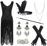 20s Flapper Gatsby Sequin Beaded Evening Cocktail Dress with Accessories Set