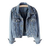 Hixiaohe Women Loose Embroidered Pearls Beading Cropped Denim Jacket Jean Coat