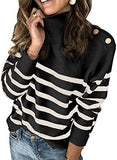 Asvivid Striped Turtleneck Button Knit Sweaters for Women Lightweight Long Sleeve Knit Pullover Jumper Tops