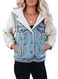 Sidefeel Womens Long Sleeve Button Up Denim Jackets Patchwork Fleece Hooded Coat with Pockets