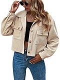 Eteviolet Women's Casual Cropped Corduroy Jackets Button Down Long Sleeve Shirts Jacket With Pockets