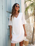 Womens White Dresses Short Sleeve V Neck Ruffle Cute Sun Dress Chiffon Flowy Shift Mini Dress