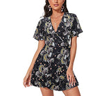 Enmain Women's Summer Dresses V Neck Ruffle Short Sleeve Floral Print Mini Casual Dress with Belt Hawaii Beach Dress