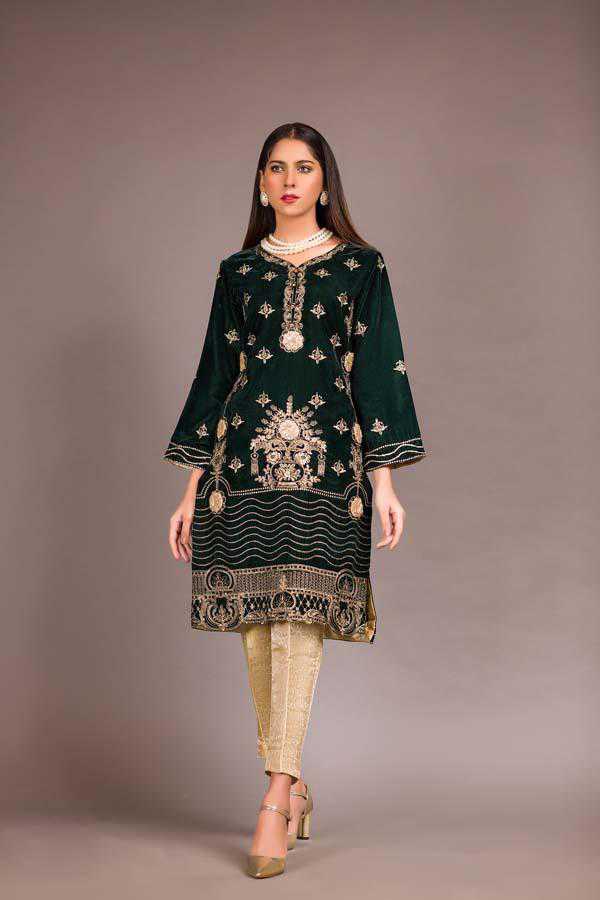 Adan Libas Palm Green Resham Velvet Kurti 2021