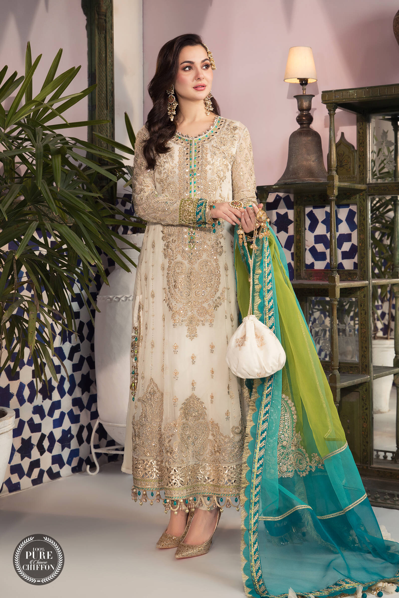 Maria B  MPC-21-107-Cream and Ferozi Chiffon Vol 1 2022 Online Shopping