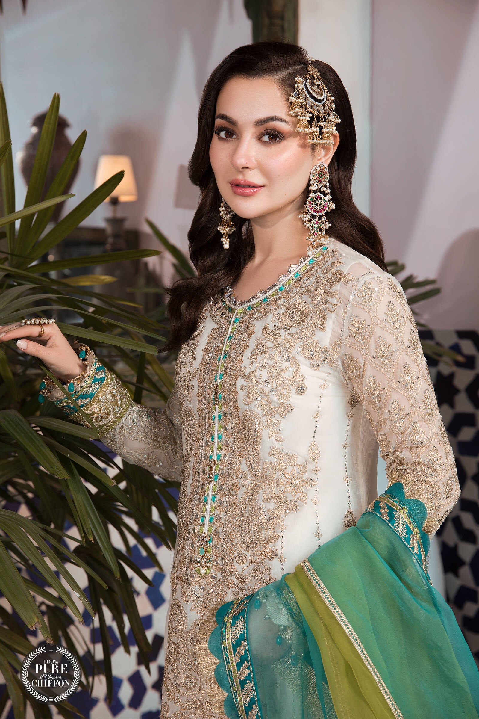 Maria B  MPC-21-107-Cream and Ferozi Chiffon Vol 1 2022 Online Shopping