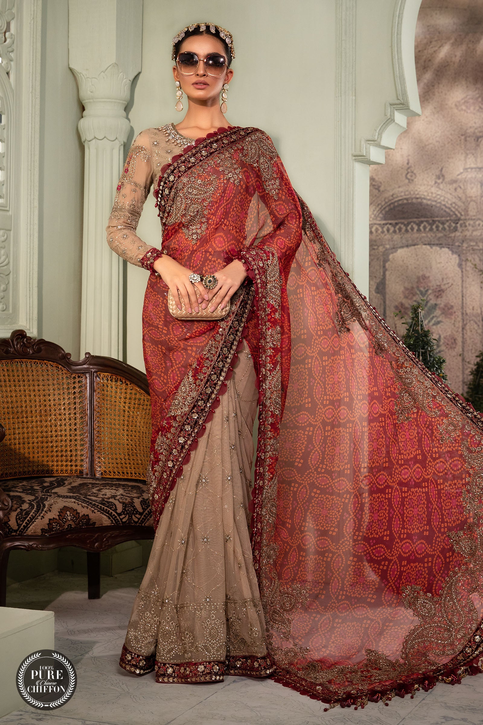 Maria B MPC-22-202-Coffee and Maroon Wedding Chiffon Collection 2022 Online Shopping