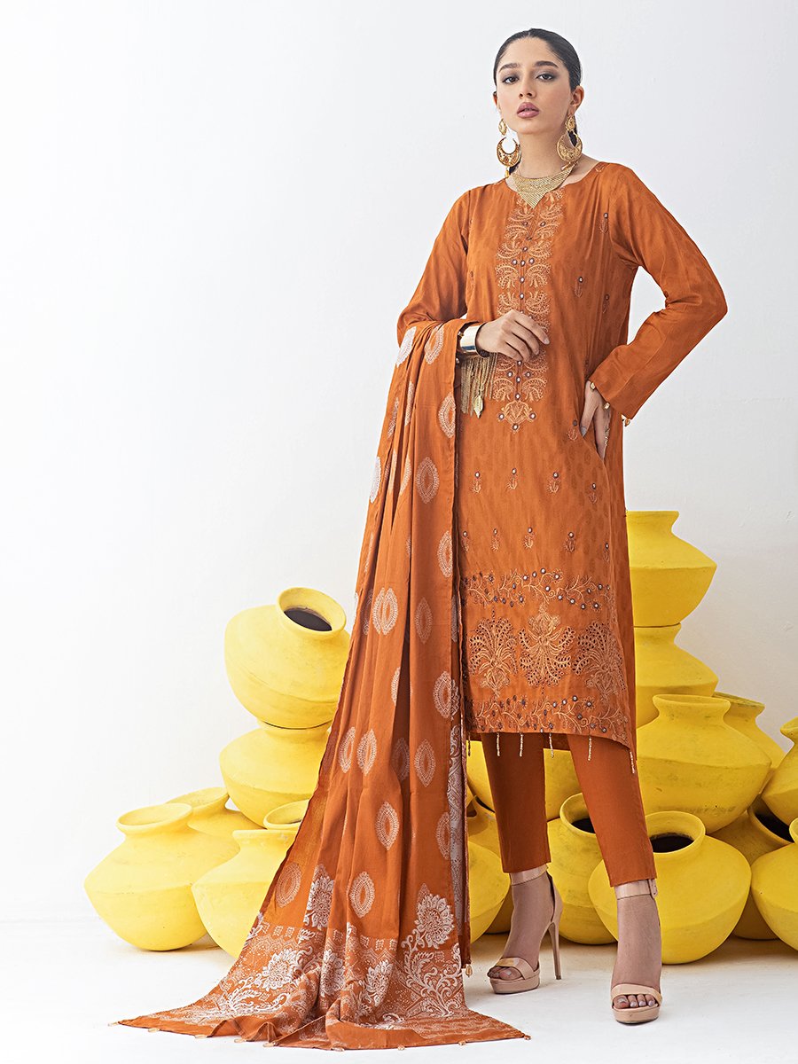 Gold Bold 3pc Embroidered Jacquard Shirt With Lawn Jacquard Dupatta Dyed Cambric Trouser Signature Series Wk 00770 Salitex Summer Collection 2021